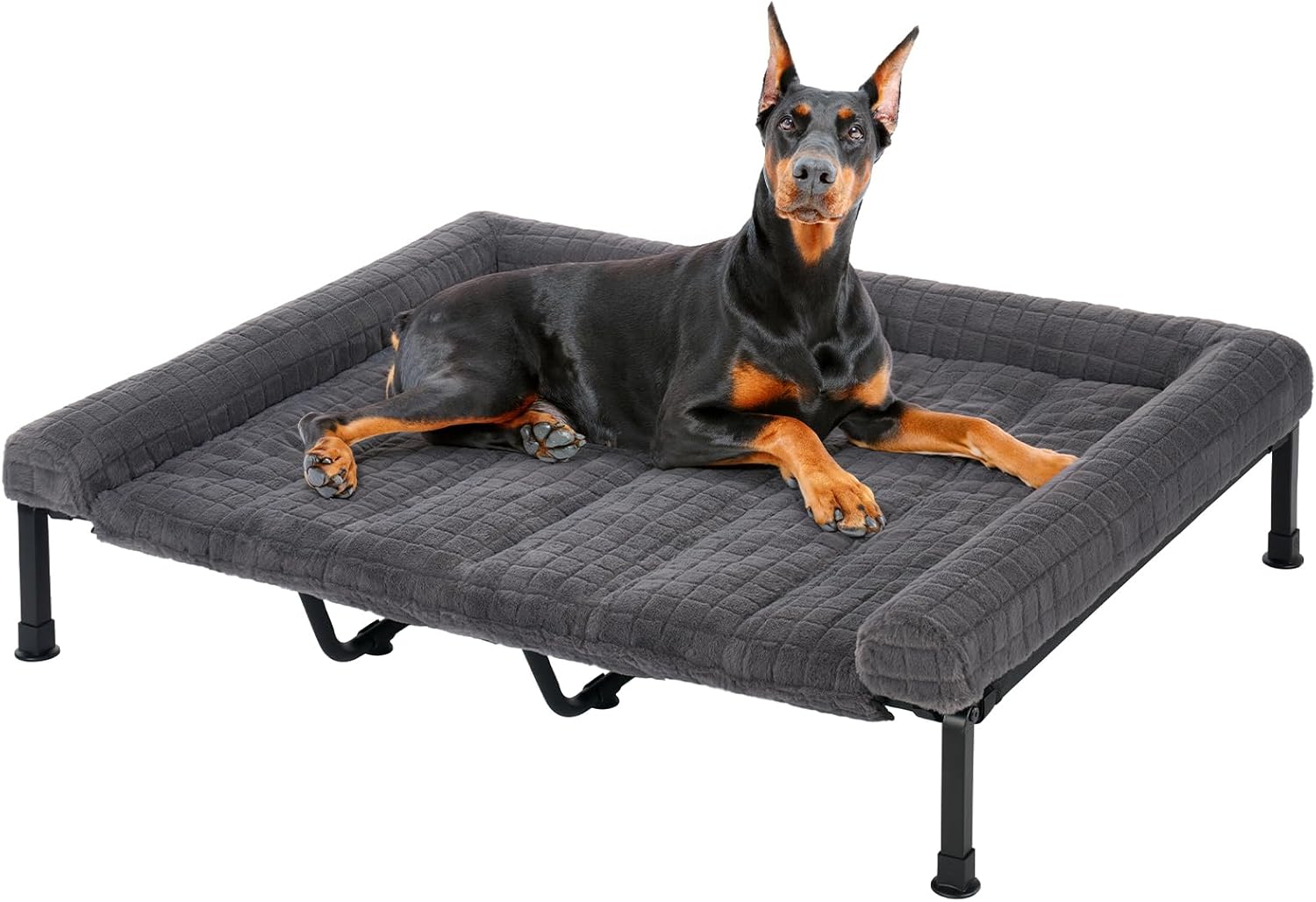 Veehoo Elevated Dog Bed Large Sized with Fluffy Plush Bolster Cushion, Washable Orthopedic Dog Couch Bed, Cooling Raised Pet Cot with Removable Mat, Breathable Mesh, No-Slip Feet, 59 x 37 inches, Grey