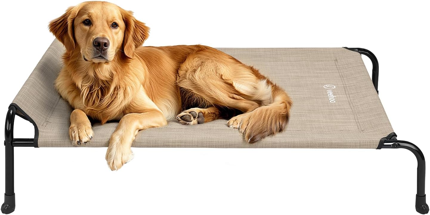 Veehoo Original Elevated Dog Cot Bed – Outdoor Raised Dog Bed, One-Sided Raised Headboard Cooling Pet Sleeping Training Cot, Non-Slip & Breathable, XL