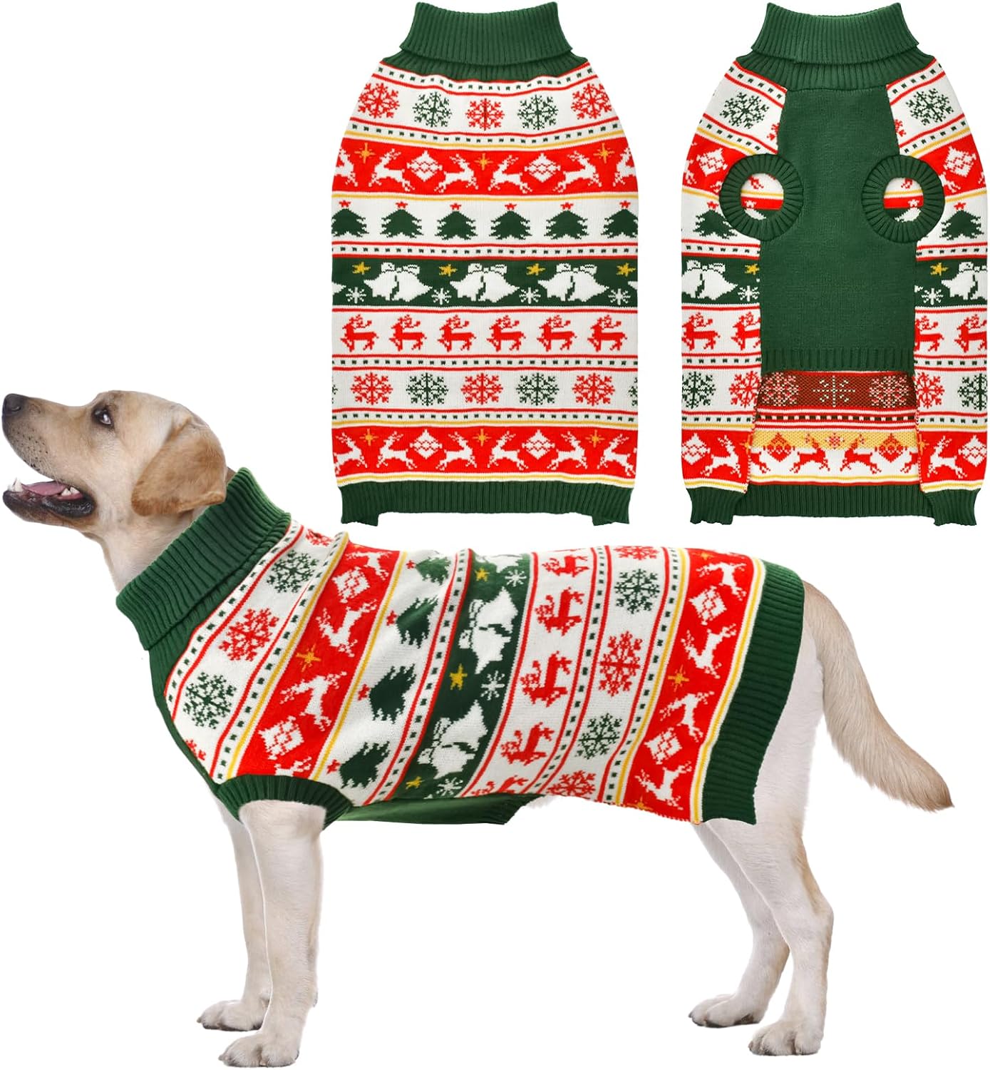 Vehomy Dog Christmas Sweater Warm Pet Xmas Turtleneck Sweater with Snowflakes Reindeers Bells Dog Christmas Knitwear Knitted Shirt Pullover Clothes for Medium Large Dogs XXL