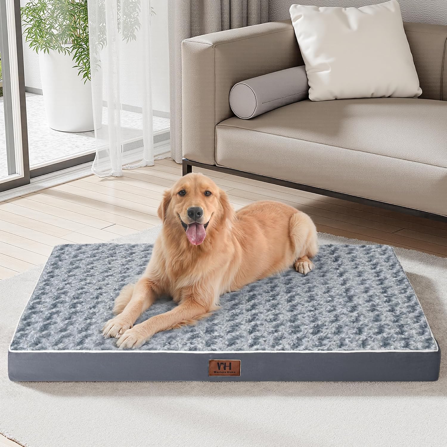 WESTERN HOME WH XL Dog Beds Large Sized Dog with Soft Rose Plush Removable Washable Cover, Egg Crate Foam Support and Non-Slip Bottom, Waterproof Orthopedic Dogs Bed Pet Mat, 42 x 30 Inch