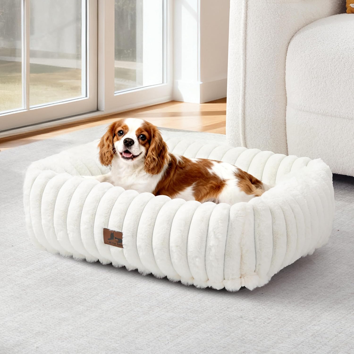 Washable Dog Bed for Small Medium Dogs – Rectangle Orthopedic Corduroy Fleece Pet Bed with Removable Cover and Nonskid Bottom, Calming Puppy Bed Soft Pet Sofa, Cream(25x21x7inchs)