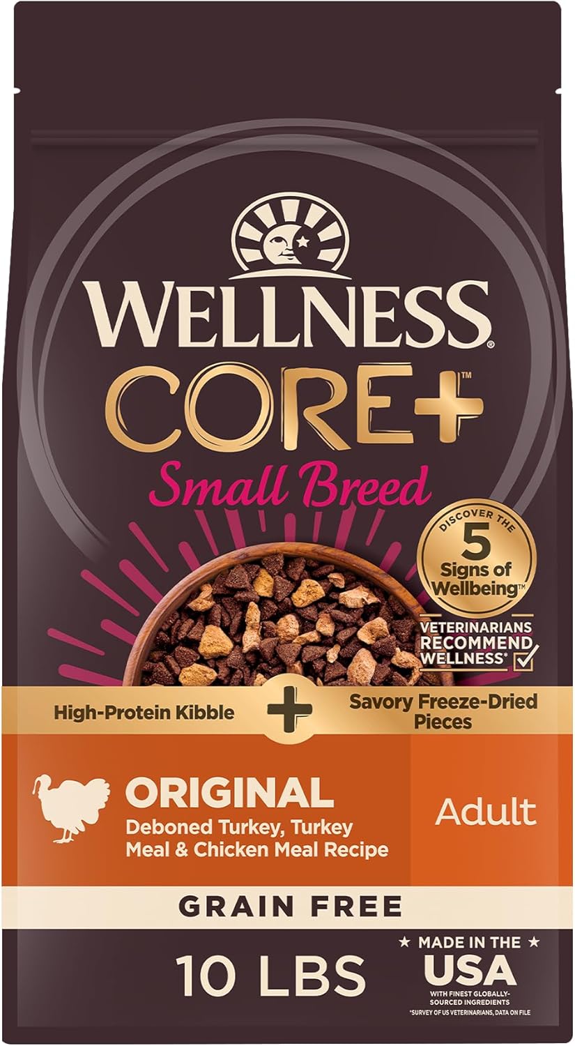 Wellness CORE+ Dry Dog Food with Freeze Dried Pieces, Small Breed, Grain Free, High Protein, Natural, Original Turkey & Chicken Recipe, (10-Pound Bag)