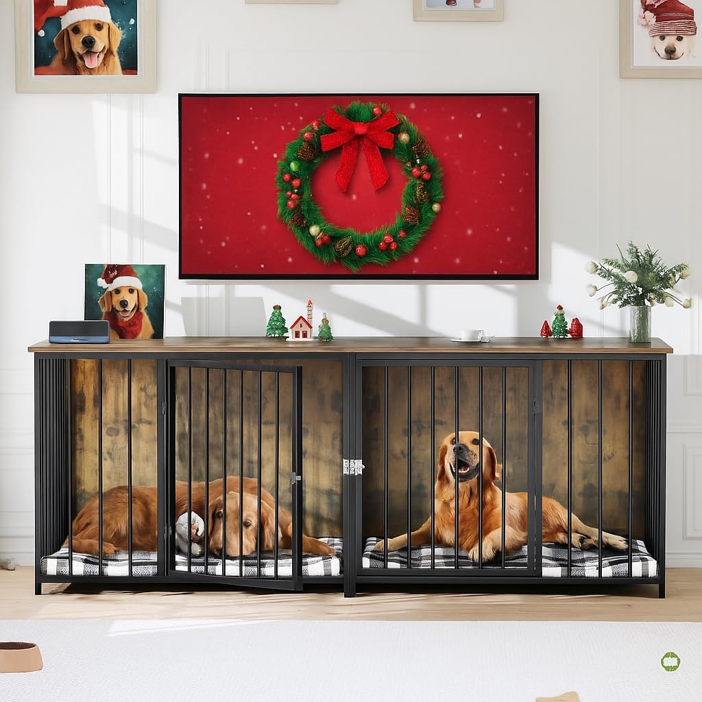 YITAHOME Double Dog Crate Furniture, 80.2 inch Large Breed Dog Kennel with Divider, Heavy Duty Dog House TV Stand Indoor for 2 Medium Dogs, Brown