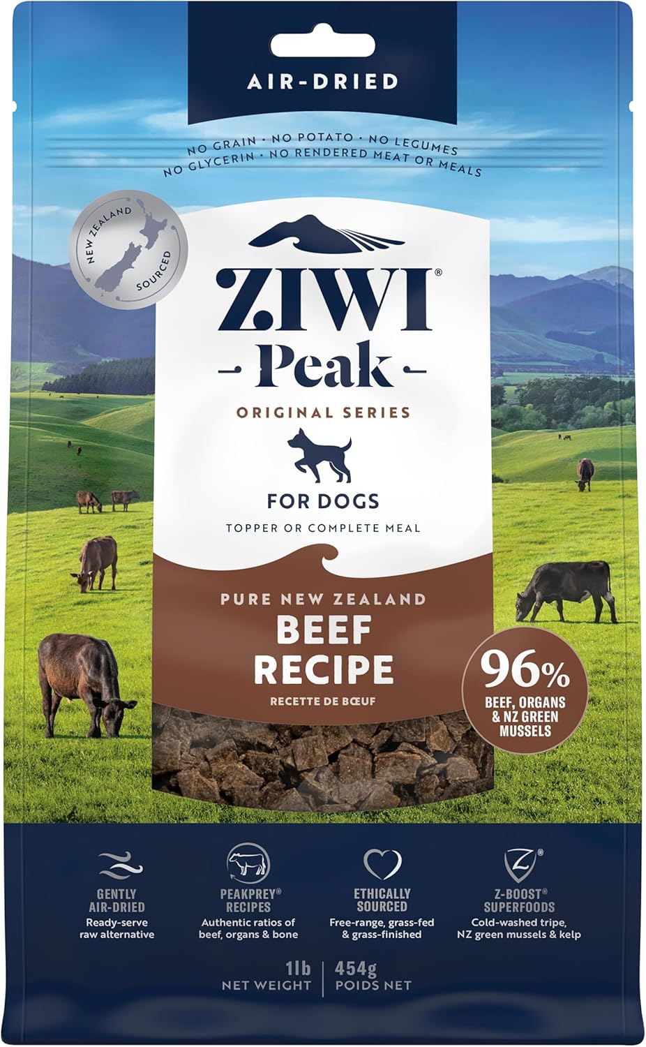 ZIWI Peak Air-Dried Dog Food – Beef – All Natural, High Protein, Grain Free, Limited Ingredient w/ Superfoods (16oz)