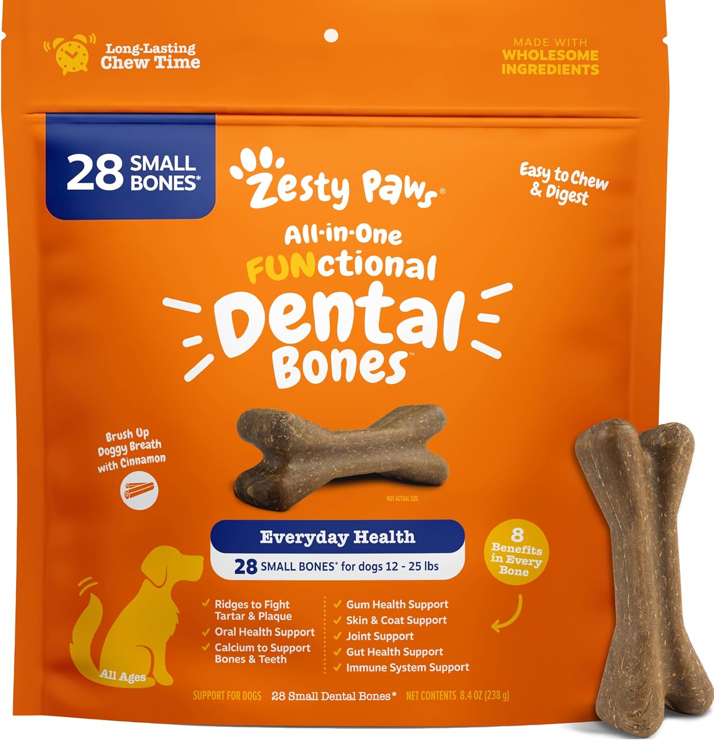 Zesty Paws Dental Bones – Fights Tartar & Plaque – Gum, Teeth & Bone Health – Cinnamon for Dog Breath – Immune, Joint, Gut, Skin & Coat Support – Omega 3 EPA & DHA and Calcium – Small Dogs – 28 ct