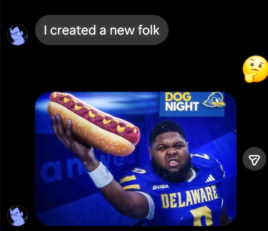 Screenshot of a message saying 'I created a new folk' followed by an AI image of Druski as a Delaware Blue Hens player holding a big hot dog.