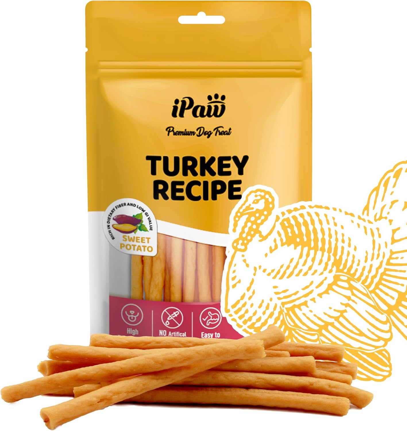 iPaw Turkey Dog Treats, All Natural Human Grade Dog Treat, Suitable for Training chew, US Sourced Raw Material, Hypoallergenic, Rawhide Alternative, Thin Stick (Sweet Potato)