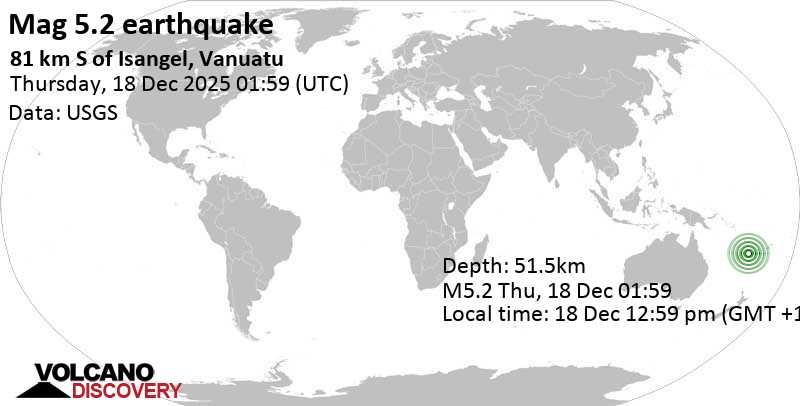 5.2 quake Coral Sea, 50 km west of Aneityum Island, Tafea Province, Vanuatu, Dec 18, 2025 12:59 pm (GMT +11)