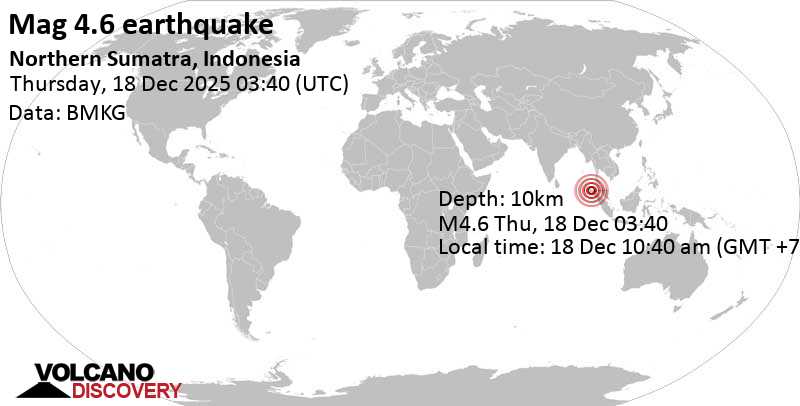 4.6 quake Kabupaten Pidie, 44 km southwest of Reuleuet, Indonesia, Dec 18, 2025 10:40 am (Jakarta time)