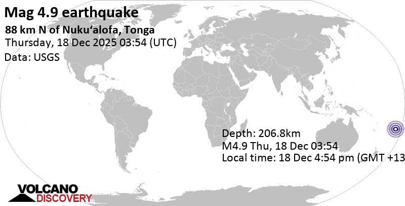 4.9 quake South Pacific Ocean, 73 km south of Tofua Island, Ha'apai, Tonga, Dec 18, 2025 04:54 pm (Tongatapu time)