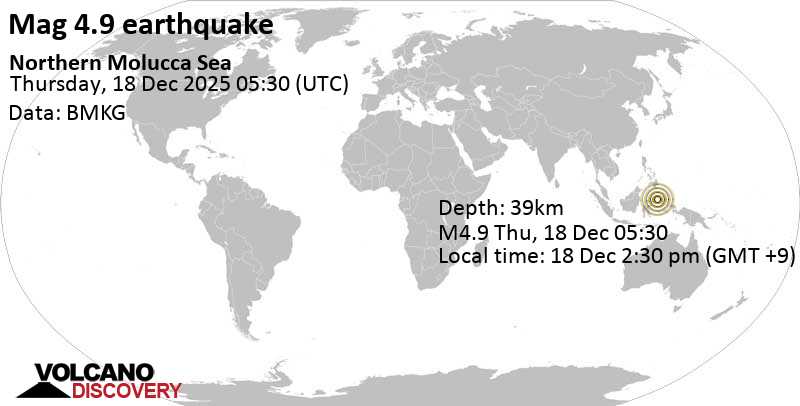 4.9 quake Maluku Sea, 72 km east of Bitung, Sulawesi Utara, Indonesia, Dec 18, 2025 02:30 pm (GMT +9)