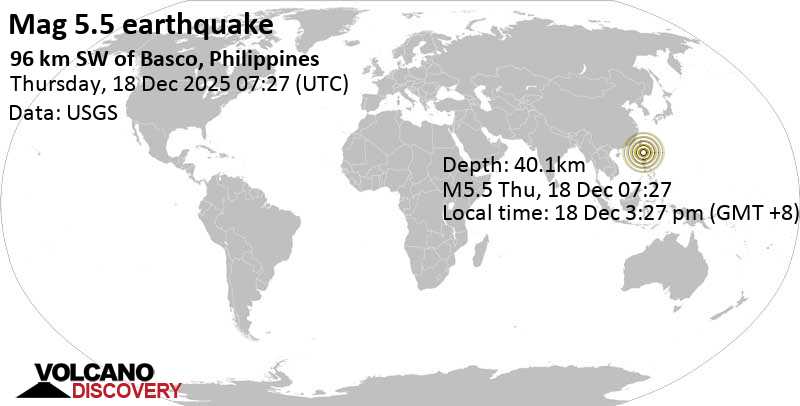 5.5 quake South China Sea, 67 km north of Calayan Island, Philippines, Dec 18, 2025 03:27 pm (GMT +8)