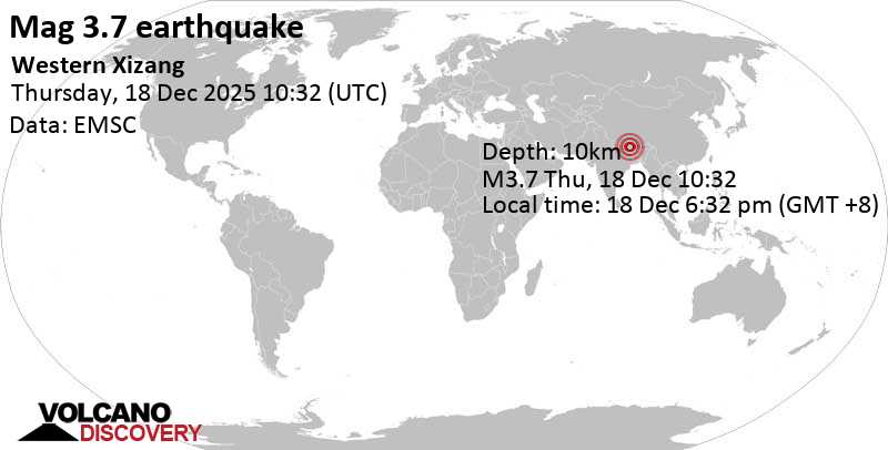 3.7 quake 165 km southwest of Xigazê, Tibet, China, Dec 18, 2025 06:32 pm (GMT +8)