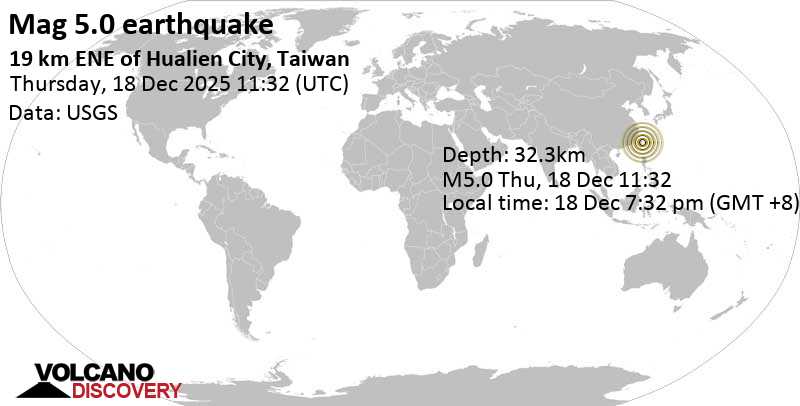 5.0 quake Philippine Sea, 19 km northeast of Hualien City, Taiwan, Dec 18, 2025 07:32 pm (Taipei time)