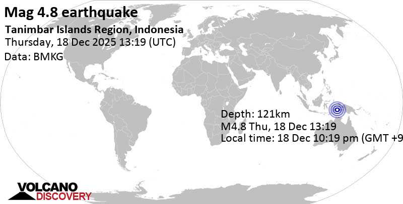 4.8 quake Banda Sea, 59 km north of Pulau Molu Island, Maluku, Indonesia, Dec 18, 2025 10:19 pm (GMT +9)