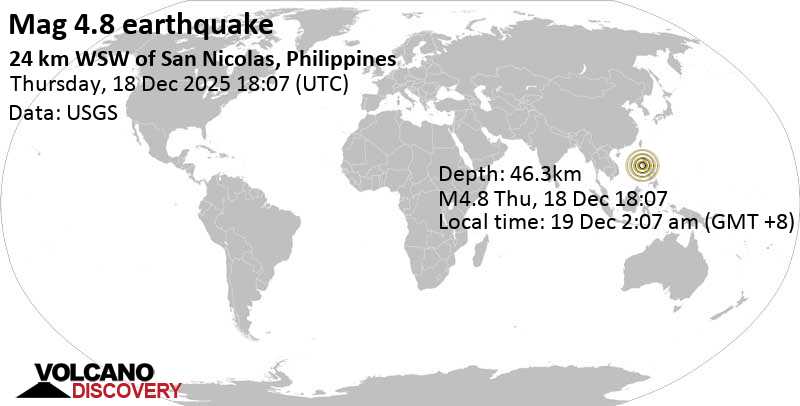 4.8 quake South China Sea, 25 km west of San Antonio, Philippines, Dec 19, 2025 02:07 am (Manila time)