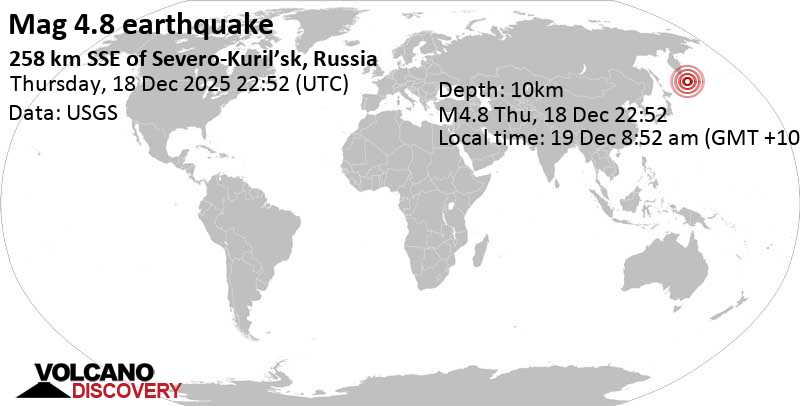4.8 quake North Pacific Ocean, 215 km southeast of Ostrov Onekotan Island, Sakhalin Oblast, Russia, Dec 19, 2025 08:52 am (GMT +10)