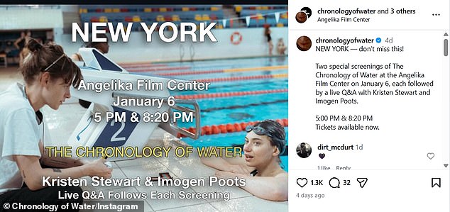 The Sacramento actress will reunite with her Chronology of Water leading lady Imogen Poots (R) to host two screenings of her feature directorial debut on January 6 at the Angelika Film Center in Manhattan's Soho neighborhood