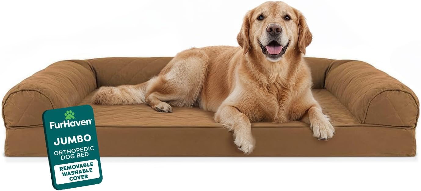 Furhaven Orthopedic Dog Bed for Large Dogs w/ Removable Bolsters & Washable Cover, For Dogs Up to 95 lbs – Quilted Sofa – Toasted Brown, Jumbo/XL