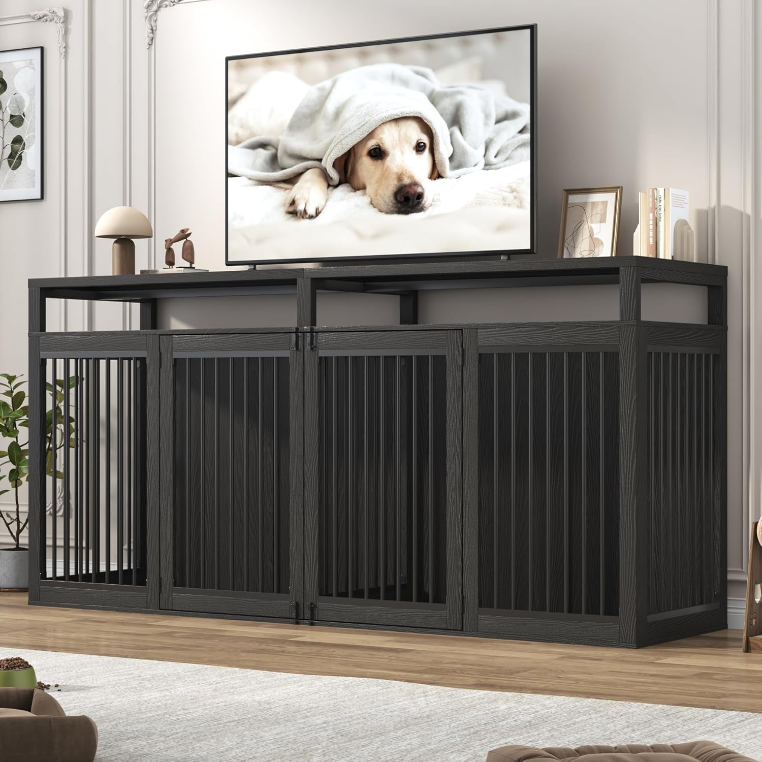 87In Farmhouse Dog Crate TV Stand, Wooden Dog Kennel Furniture with 2 Doors, Large Dog Crate Furniture for 2 Dogs, Solid Metal Tube & 4 Lockable Doors, Black