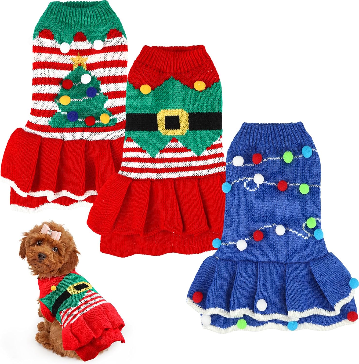 3 Pcs Christmas Dog Sweater Dresses Xmas Costumes for Small Dogs Winter Warm Puppy Cloth Xmas Holiday Sweaters Christmas Dress Outfit for Dachshund Chihuahua Maltese Puppy Girls(L)