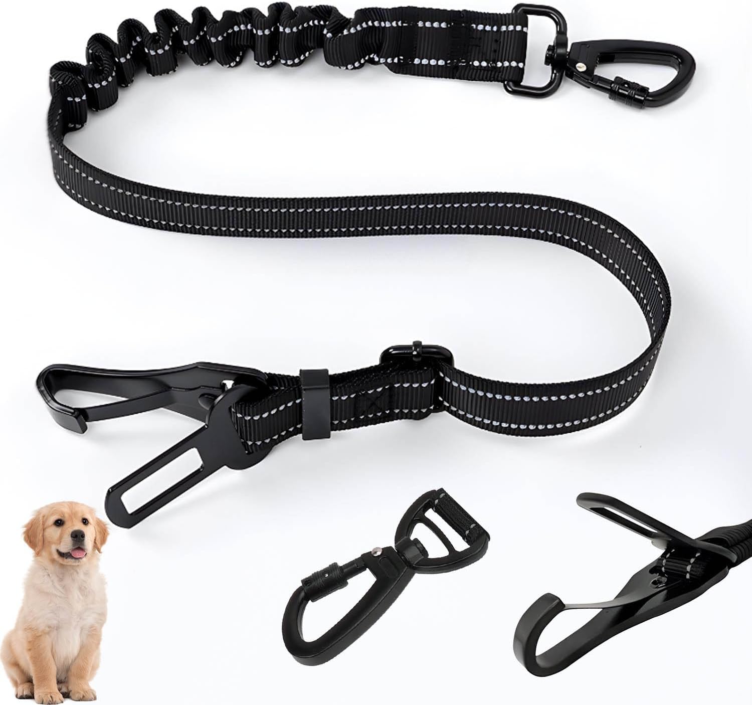3-in-1 Dog Seat Belt for Car, Black Dog Car Harness with Clip Hook Latch & Buckle, Alloy Carabiner, 19-35 inch Dog Seatbelt Made of Nylon Reflective Bungee Fabric Tether