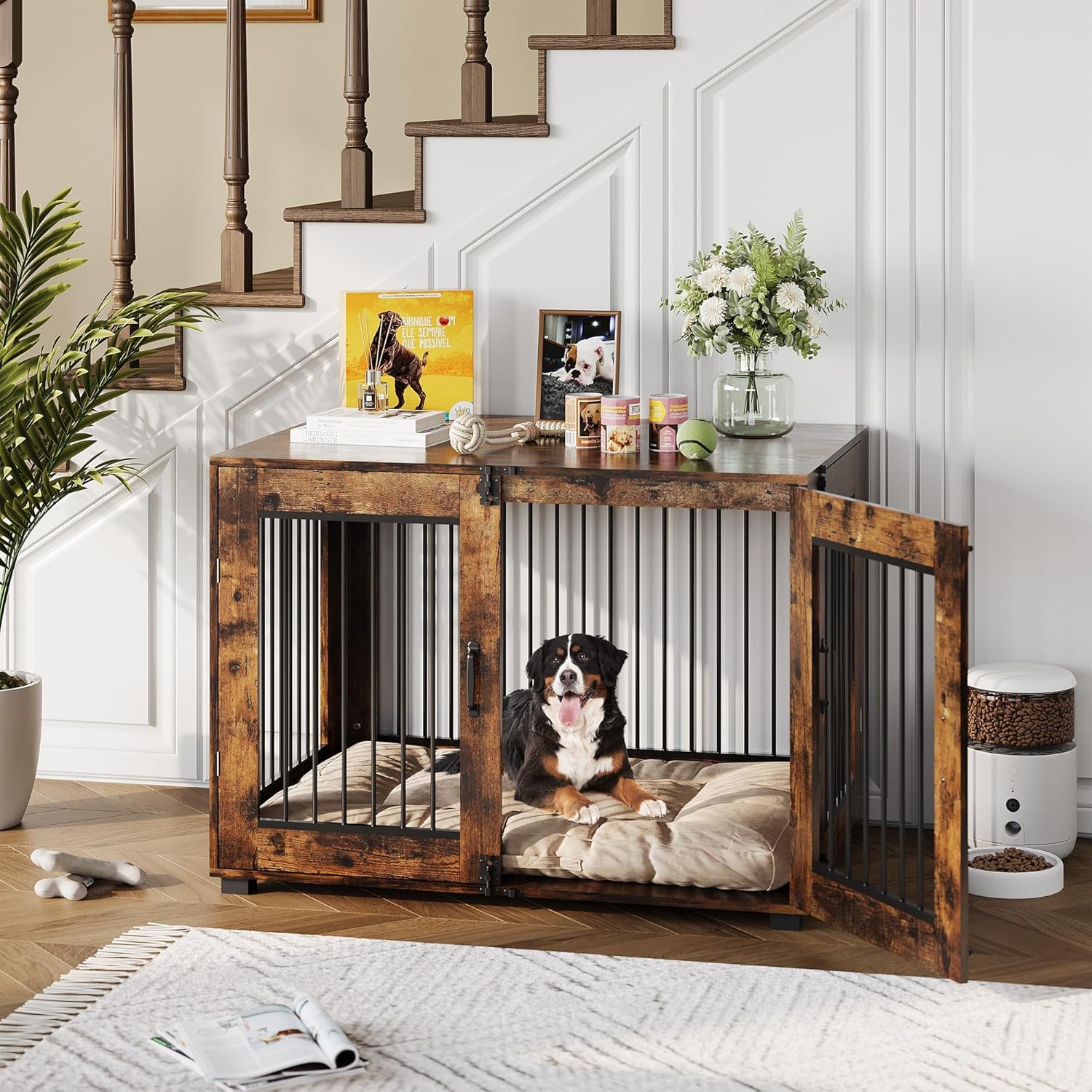 31.5″ Dog Crate Furniture, Large Indoor Wood Dog Kennel End Table, Decorative Furniture-Style Pet House for Large Dogs, Modern Secure Chew-Resistant Dog Cage with Triple Doors