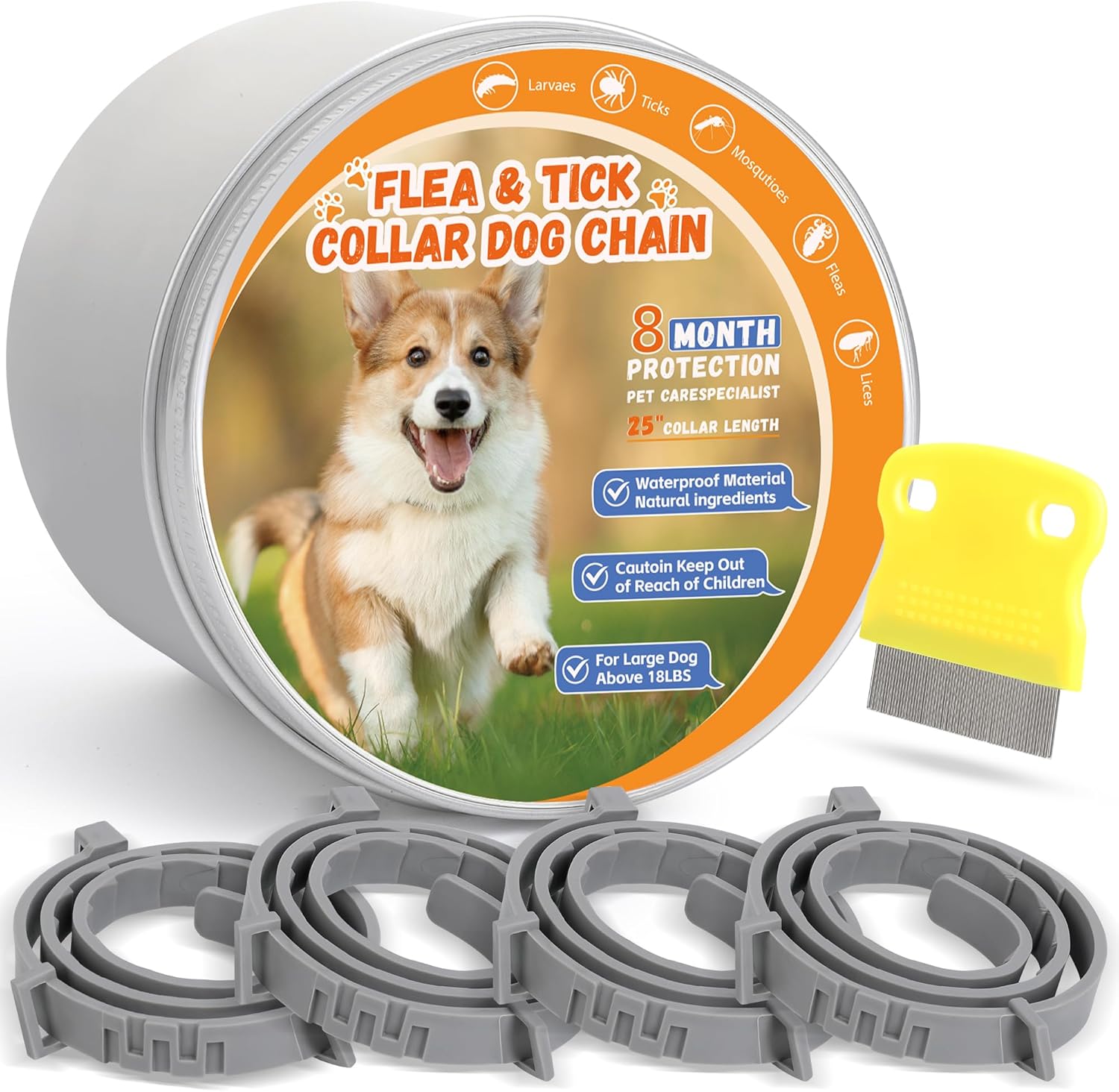 4 Pack Flea and Tick Collars for Dogs – 25″ Adjustable, Waterproof Protection for Small, Medium & Large Dogs – Long-Lasting 24-Month Flea & Tick Prevention, Safe & Comfortable