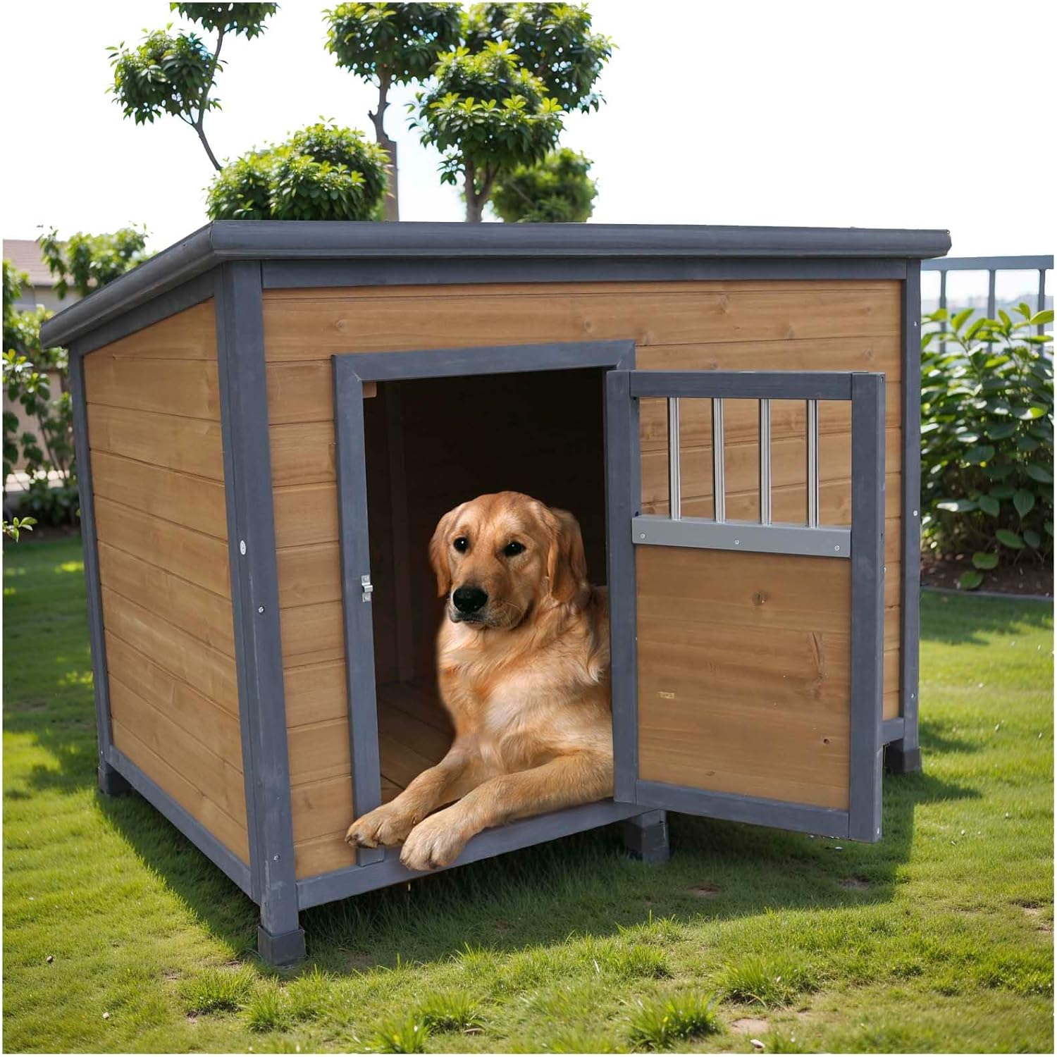 45” Outdoor Dog Houses with Door, Dog Houses Outdoor with Door Lock, Casa para Perros Grandes for Small to Large Dogs, Indoor, Insulated, Easy Assembly (Gray+Yellow)