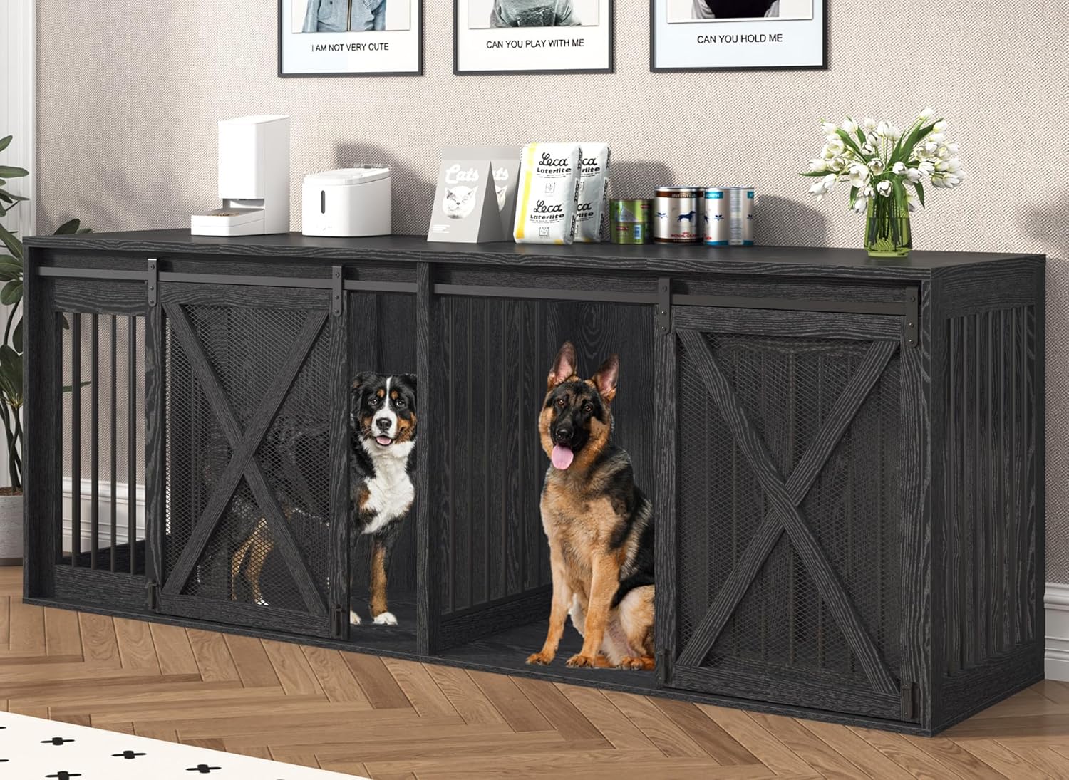 94.5″ XXXL Dog Crate Furniture for 2 Large Dogs, Heavy Duty Double Dog Cage Extra Large Breed, 35.4″ Tall Thick Wooden Dog Kennel TV Stand with Divider, Black