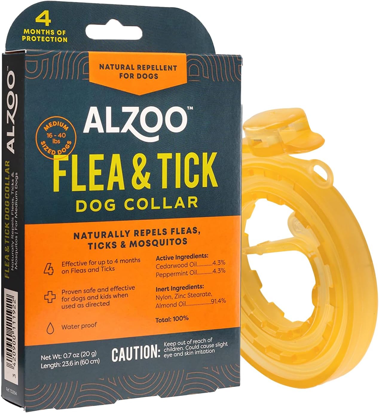 ALZOO Natural Flea & Tick Dog Collar – Helps Repel Fleas, Ticks & Mosquitoes – 100% Plant-Based Active Ingredients – Waterproof – Up to 4 Months Protection – Medium-Sized Dogs: 16-40 lbs – Single