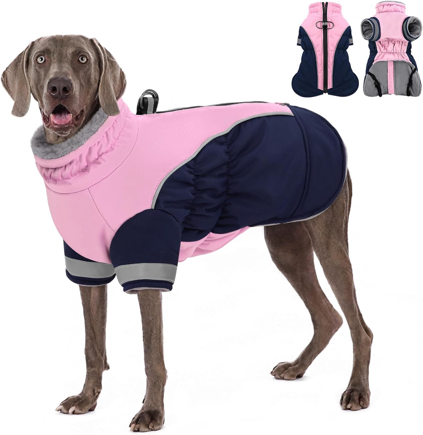 AOFITEE Dog Coat- Two Legged Large Dog Winter Jacket – Zipper Dogs Cold Weather Coat with Harness, Warm Pet Puffer Jackets Reflective Pet Snow Coats for French Bulldog, Boston Terrier, PinkNavy L
