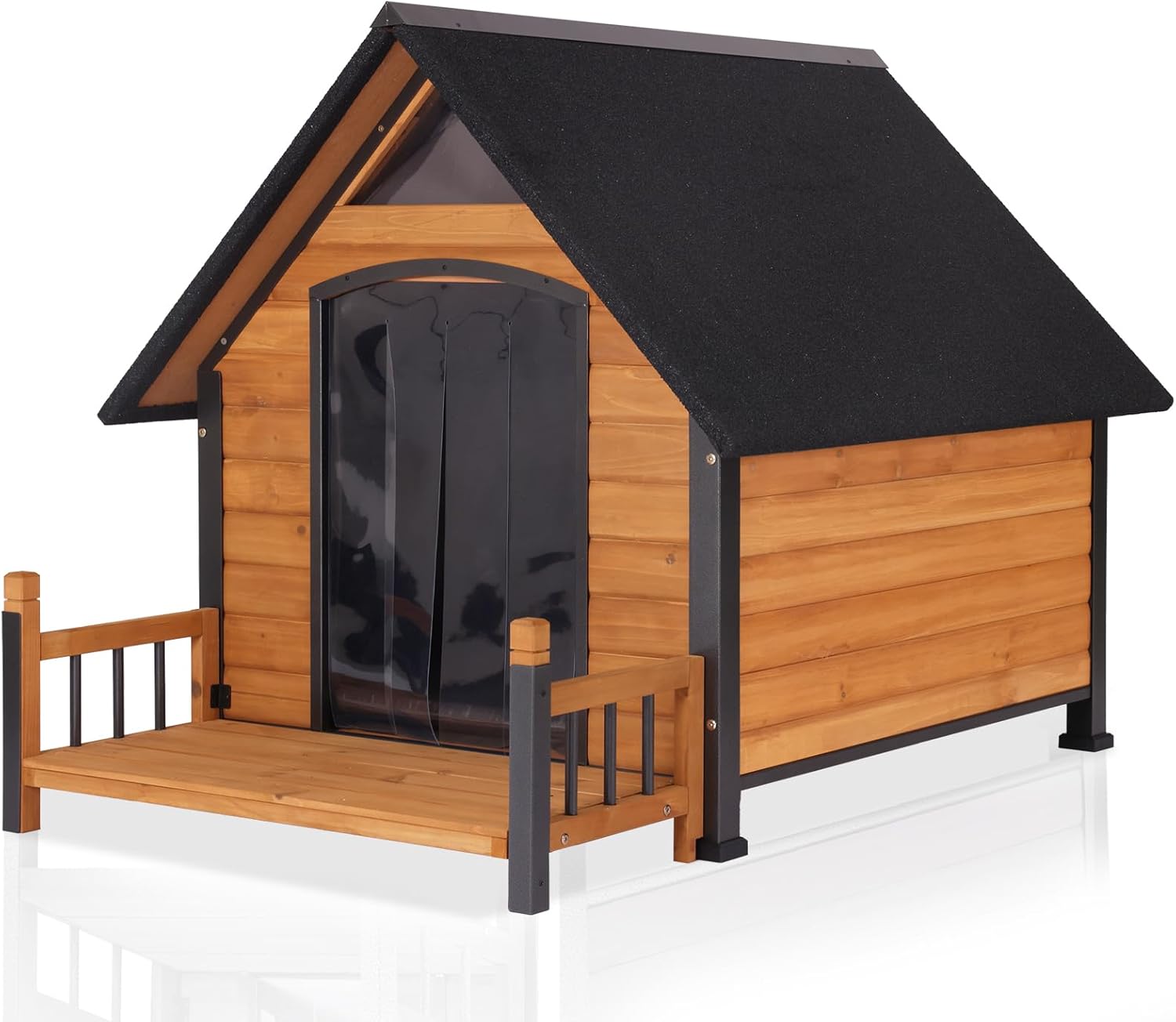 Aivituvin Outdoor Dog House with Metal Frame and Porch, Weatherproof Asphalt Roof, Raised Floor, and PVC Door Flap, Durable Shelter for Medium to Large Dogs (50.9″ D x 37.4″ W x 37.2″ H)