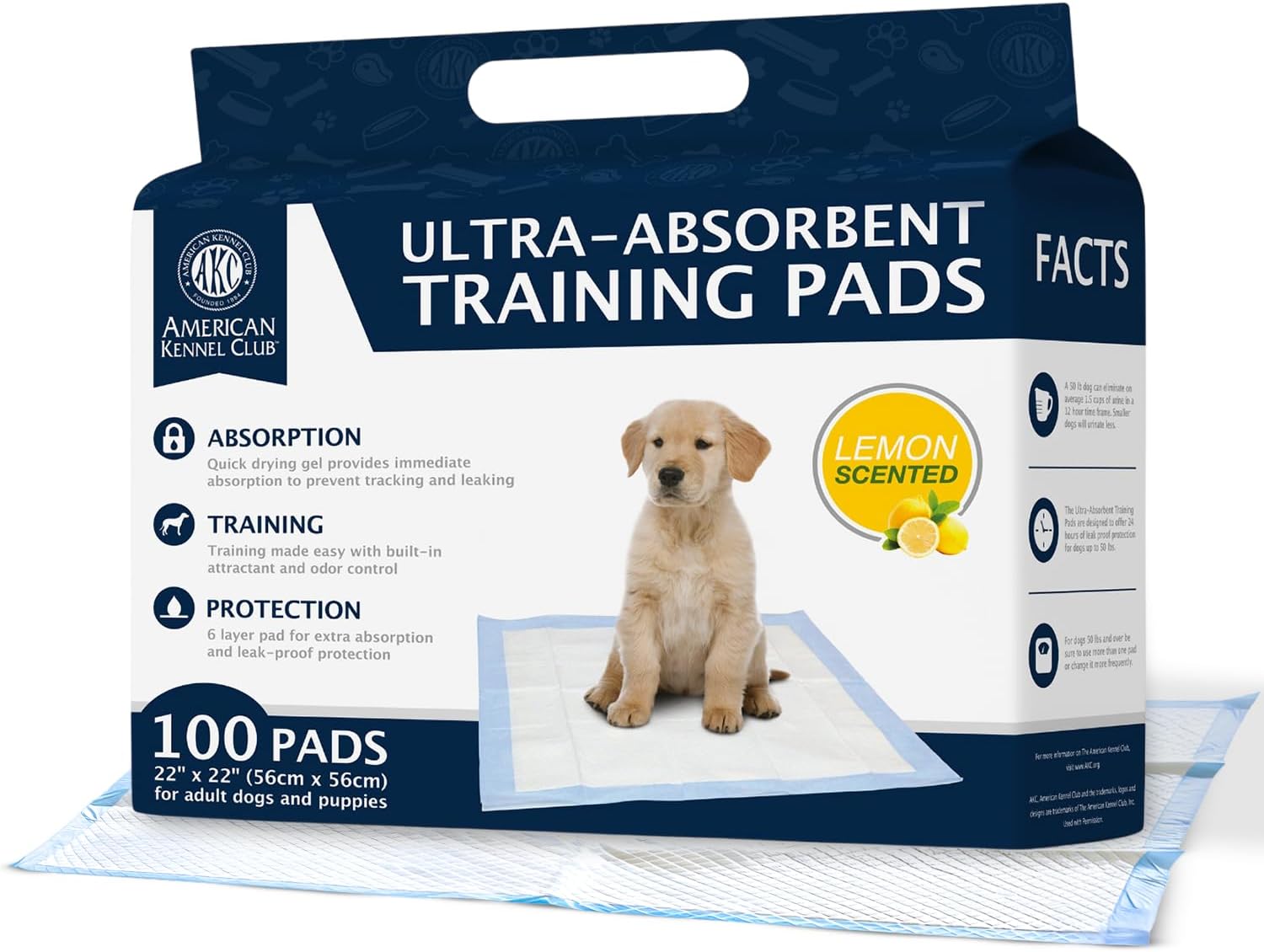 American Kennel Club Scented Puppy Training Pads with Ultra Absorbent Quick Dry Gel – 22 x 22 Pee Pads For Dogs – Lemon Scented – 100 Count