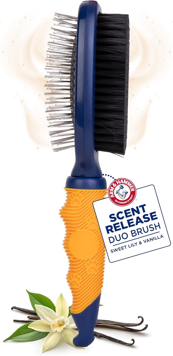 Arm & Hammer Deodorizing Pin & Bristle Dog Grooming Brush with Fragrance Transfer Technology – Scented 2-in-1 Dog Brush for Detangling & Shedding, Pet Brushes for Dogs, Sweet Lily & Vanilla Scent