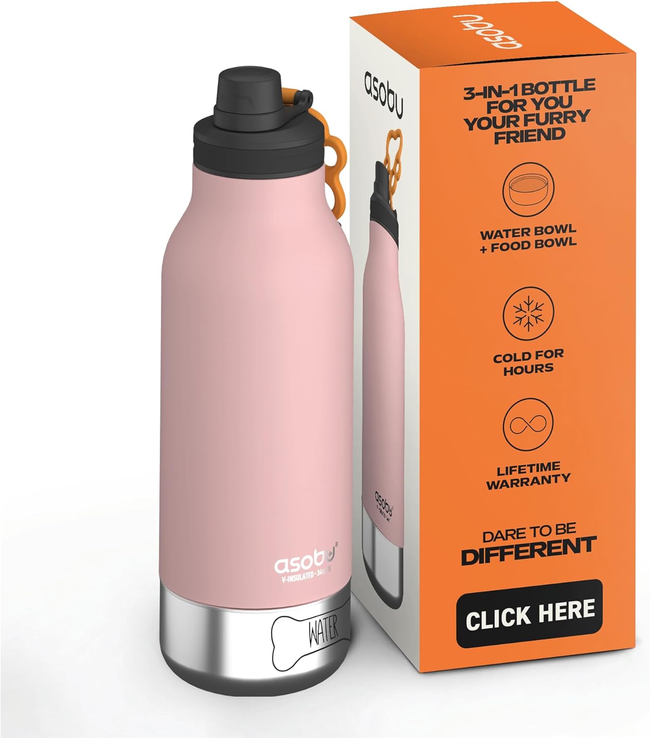 Asobu Dog Barky Bottle – Insulated Stainless Steel Water Bottle with 2 Removable Dog Bowls for Food, Treats & Water – Pet-Friendly Travel Bottle for Hiking, Road Trips & Outdoor Adventures