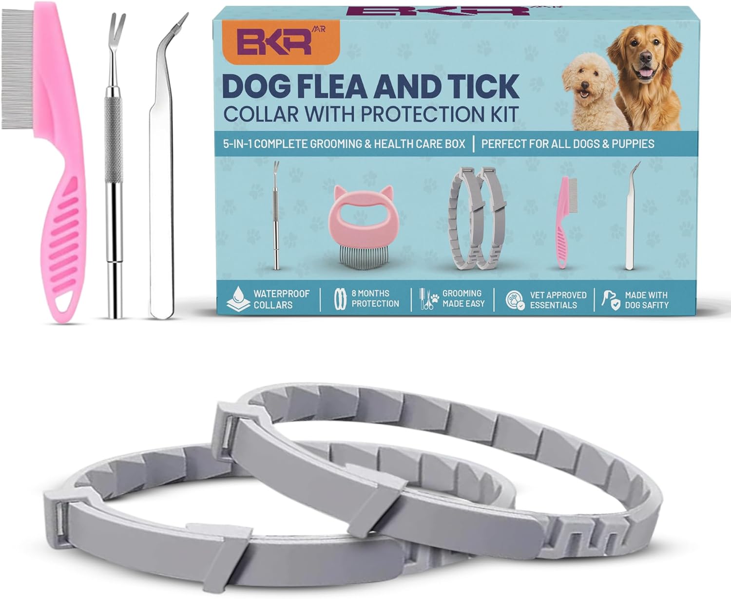 BKRMART Dog Flea Collar 2 Pack 8-Month Protection, All Natural Flea Collar for Dogs, Includes Flea Comb, Shell Comb, Tick Tweezers & Tick Removal Tool 5-in-1 Dog Flea Protection Kit
