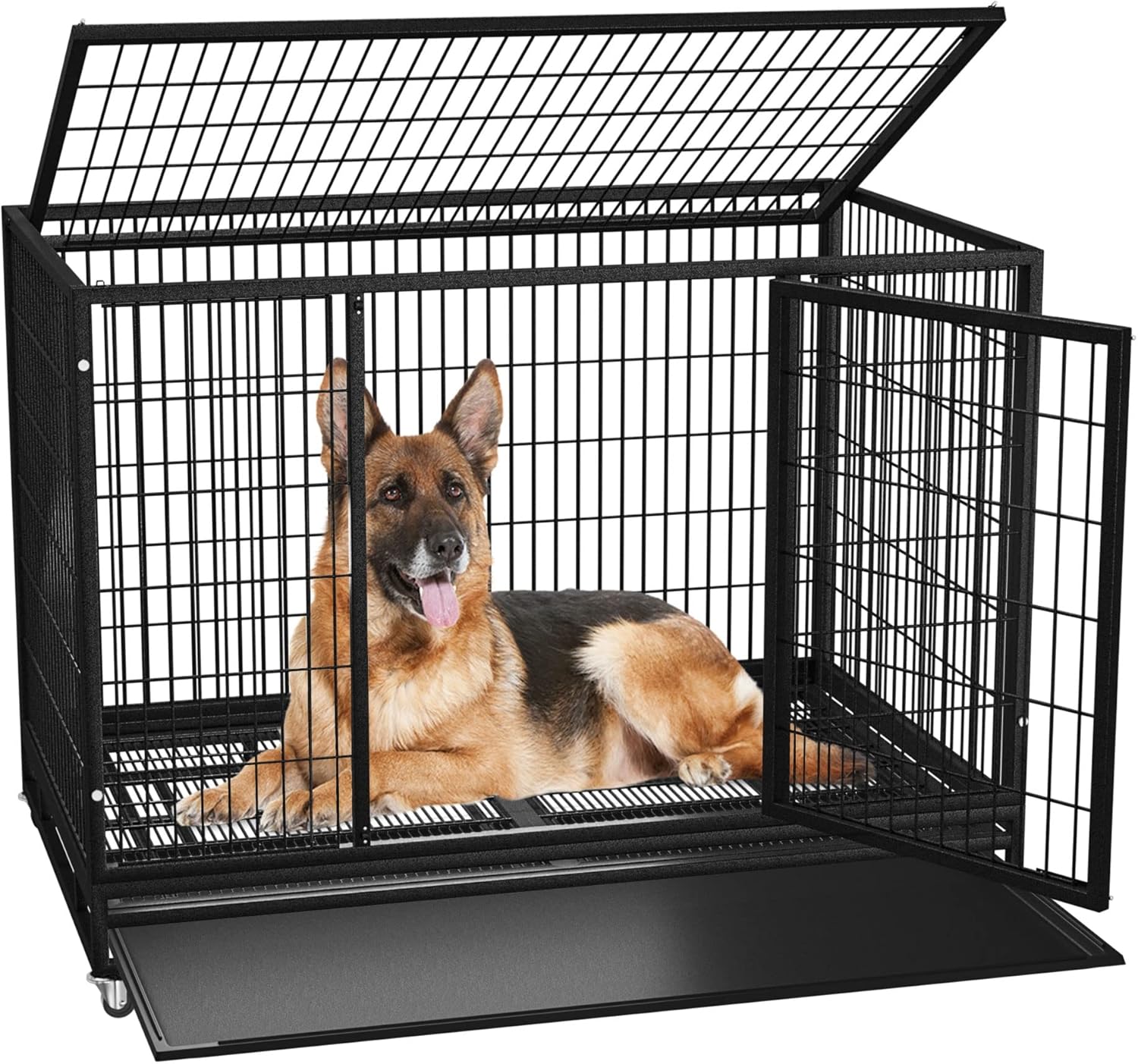 BOLDBONE 48/37 inch Heavy Duty Wire Dog Crate Cage Kennel for Large Dogs, High Anxiety Dog Crate with Removable Crate Trays, Wheels and Double Door, Extra Large XL XXL