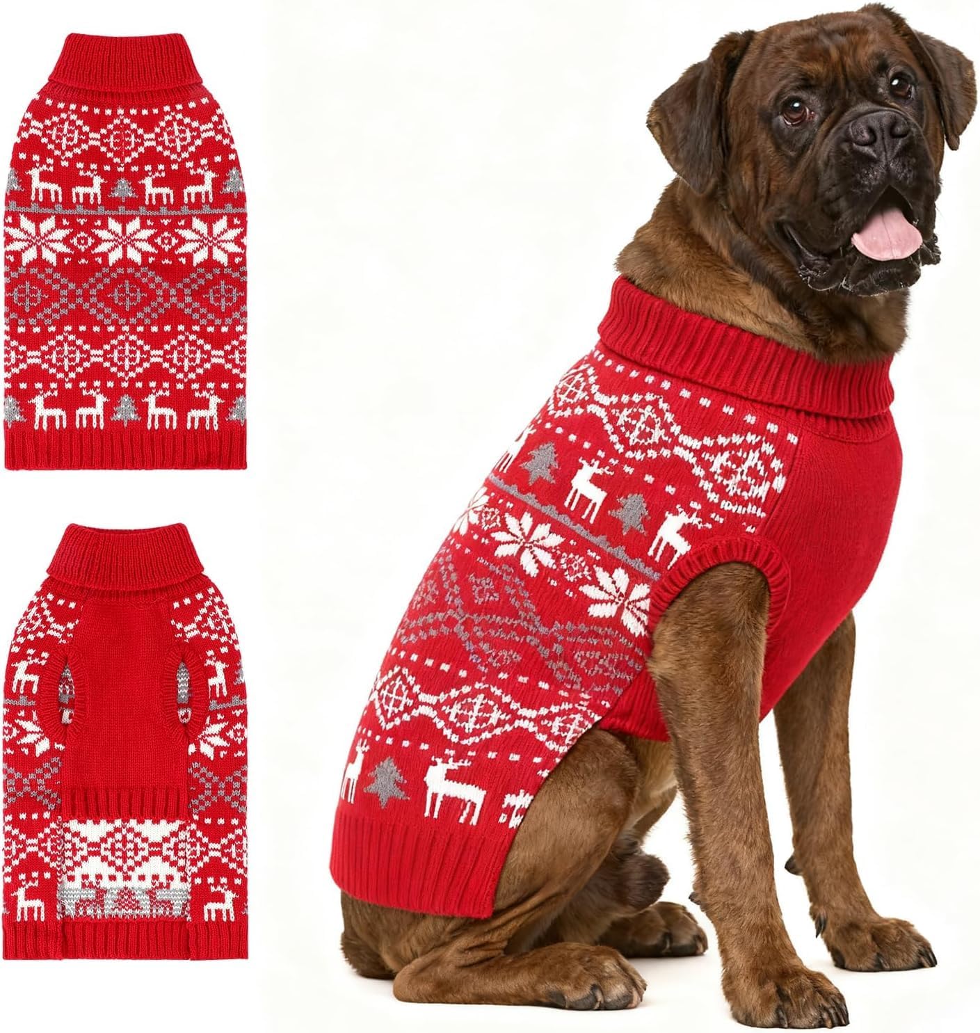 BWOGUE Extra Large Dog Christmas Sweaters, Snowflake Reindeer Dog Turtleneck Sweaters with Leash Hole, Knitted Pullover Dogs Clothes for Extra Large Dogs (2XL)