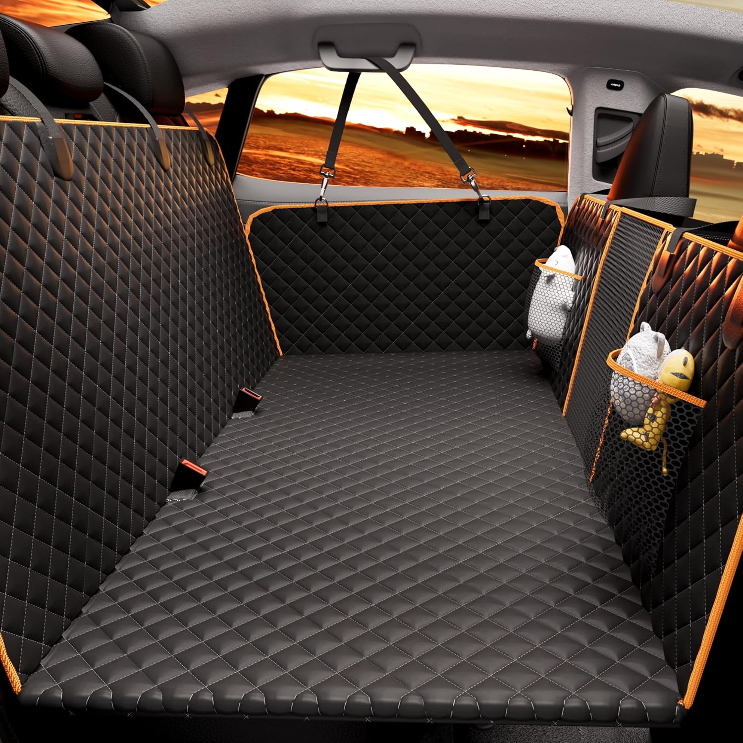 Back Seat Extender for Dogs – Large Space, Heavy-Duty Dog Car Seat Cover for Back Seat with Hard Bottom Holds 420lbs, Waterproof 600D Upgraded Material Dog Hammock for Car(Black)