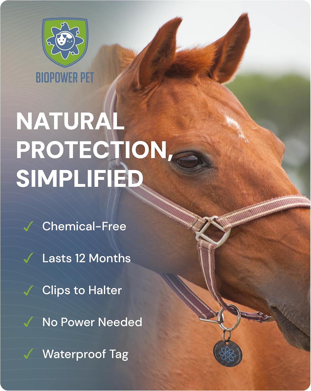BioPower Natural Fly & Tick Repellent for Horses – Horse Shield Tag with 1-Year Bioresonance Protection – Chemical-Free, Waterproof Carbon Tag That Clips to Halter – Non-Toxic Pest Defense