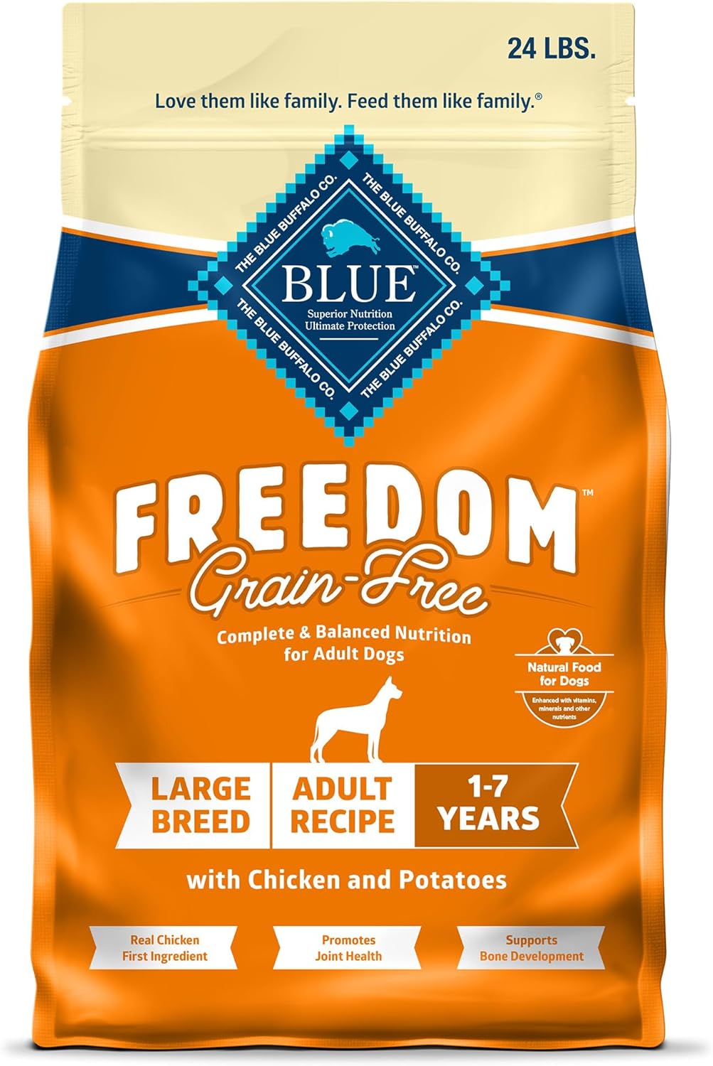 Blue Buffalo Freedom Grain-Free Large Breed Dry Dog Food, Supports Joint Health & Mobility, Made in The USA with Natural Ingredients, Chicken & Potatoes, 24-lb Bag