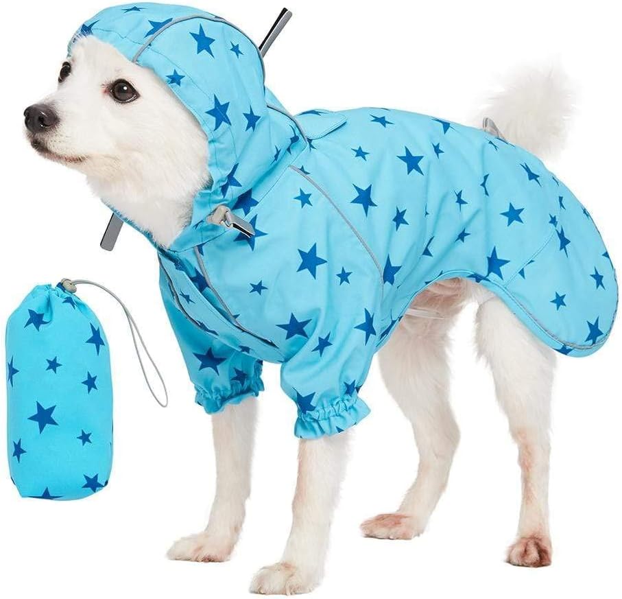 Blueberry Pet 12″ Star Prints Lightweight Reflective Waterproof Dog Raincoat with Hood & Harness Hole, Blue, Outdoor Rain Gear Jacket 2 Legs for Dogs