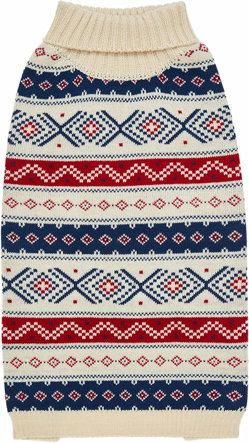 Blueberry Pet Christmas Family Sweater for Dog, Holiday Fair Isle Turtleneck Pullover Dog Sweater in Creamy White, Back Length 18″, Warm Fall Winter Clothes for Large Dogs