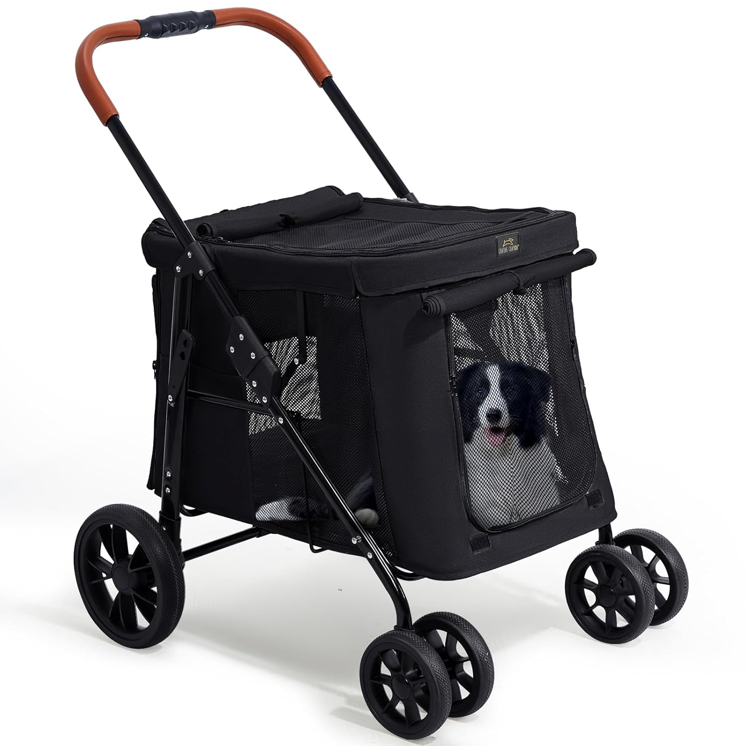 CANINE CANYON Scout Pet Stroller, 4-Wheel Design for Small/Medium Dogs – One-Button Fold, Adjustable Mesh Windows & Shades, 360° Swivel Front Wheels, Rear Wheel Brake for Safety, Black