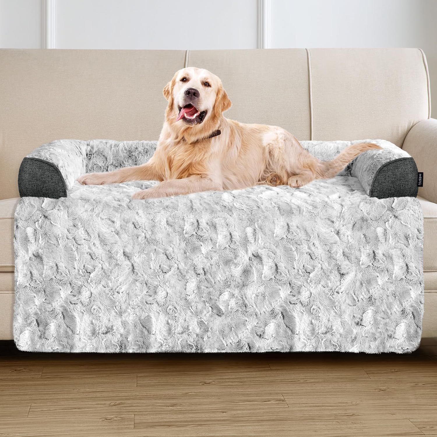 Calming Extra Large Dog Bed for Couch, 45 x 37 inch Removable Couch Cover for Dogs Washable, Non-Slip Fluffy Plush Dog Sofa Mat for Furniture Protector – Grey