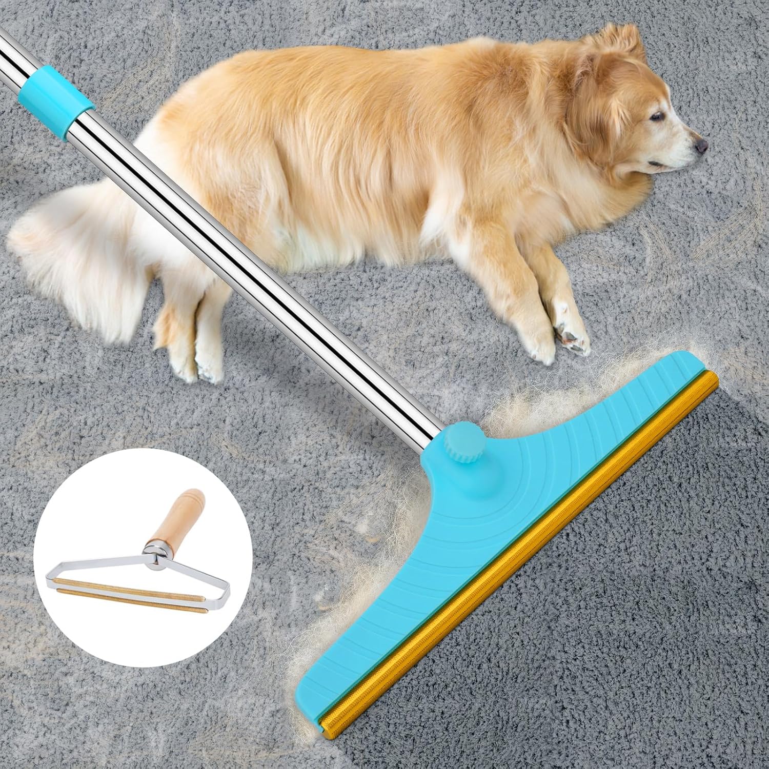 Carpet Rake for Pet Hair Removal – Reusable Pet Hair Remover, 60” Adjustable Long Handle Cat Dog Carpet Rake Scraper with Patented Design, Dog Hair Rake Brush for Rugs, Mats
