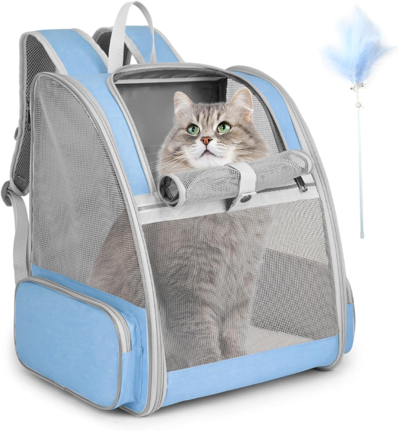 Cat Backpack Carrier, Large Pet Backpack with Kitten Wand Feather Toy for Medium Small Dog Cat Puppy Kitty Bunny up to 15lbs, Ventilated Mesh Dog Travel Carrier for Hiking Walking Outdoor Use (Blue)