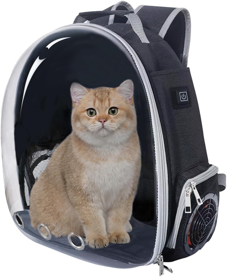 Cooling Fan Pet Backpack Carrier,Airline Approved Transparent Bubble Backpack for Cats, Dogs, Puppies Built-in Side Fan for Active Ventilation & Comfort Travel and Outdoor (Black)