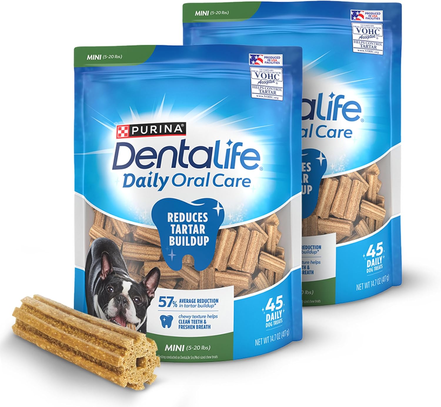 DentaLife Daily Oral Care Dog Treats for Small Dogs 5-20 lbs., Chewy Dental Treat to Freshen Breath and Fight Tartar, Chicken Flavor, 14.7 oz. each, 45 Chews each/90 Total Chews – 45 ct. Pouch